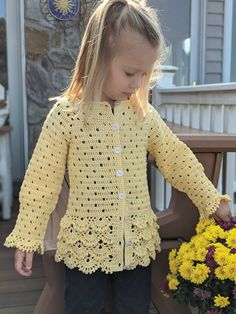 Make this frilly girl’s sweater for your favorite toddler using 760-900 yards of fingering weight yarns/threads and hook sizes. The pattern covers sizes 2T-4T. Designed by Margaret Whisnant. Jacket Crochet Pattern, Jacket Crochet, Baby Boy Sweater, Crochet Shrug Pattern, Crochet Cardigan Sweater, Crochet Kids, Crochet Toddler, Crochet Fun, Toddler Sweater