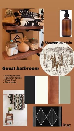 an image of a bathroom with brown and black decor on the walls, shower curtain, rugs