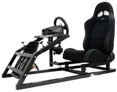 an image of a gaming chair with steering wheel and pedals on the back side