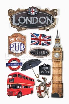 the london stickers are all different colors and sizes, including red bus, big ben,