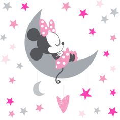 minnie mouse sleeping on the moon with stars in the sky behind it and pink hearts hanging from strings