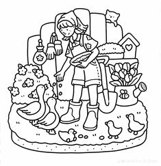 a black and white drawing of a woman holding a baby in her arms, surrounded by farm animals