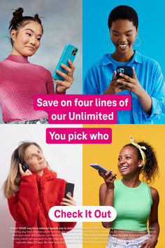 four girls in different outfits texting on their cell phones and the caption says, save on four lines of our limited you pick who check it out