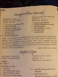 the recipe for shrimp and rice casserole is shown in an open cookbook