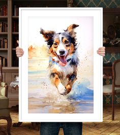 a painting of a dog running through water