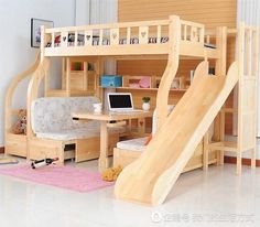 there is a bunk bed with a slide in the room