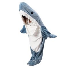 a person in a shark costume with its mouth open