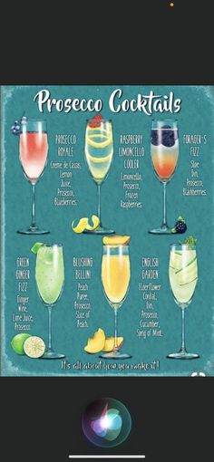 a poster with different types of cocktails on it's sides and the names of each