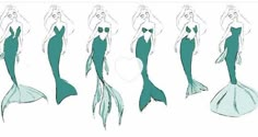 a drawing of a mermaid with long hair and green tail, in various stages of development