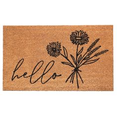 a door mat with the word hello written on it and flowers in black ink,