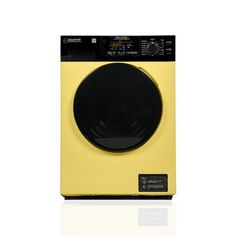 a yellow dryer with black knobs on the front and bottom panel, against a white background