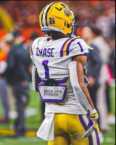 a football player in uniform is standing on the field with his back to the camera