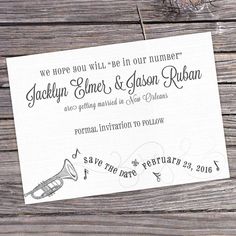 a wedding card with an image of a trumpet on it