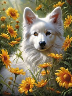 a painting of a white dog surrounded by sunflowers