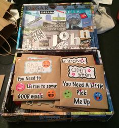 an open suitcase with various stickers on it