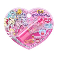 a pink heart shaped box with an eraser on it's side and cartoon characters in the background