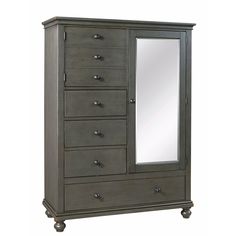 an armoire with drawers and mirrors on it's sides, against a white background