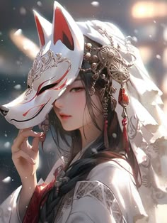 a woman wearing a white mask with red accents and a wolf headdress on her head