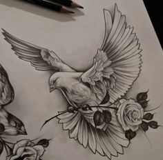 a drawing of two birds with roses on the side and one bird flying towards each other