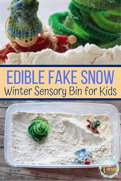 the edible fake snow is in a plastic container and it's ready to be eaten