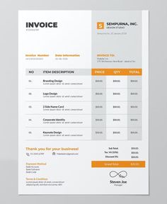 an invoice is shown with orange accents on the front and back side of it