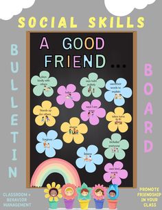 social skills poster with flowers and rainbows on the front, text reads social skills a good friend