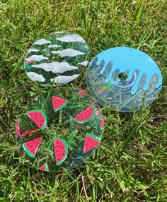 two frisbees sitting in the grass on top of each other with watermelon slices