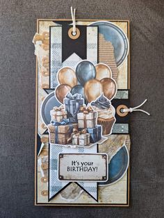 a birthday card with balloons and presents on it