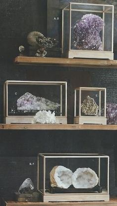 three shelves filled with different types of rocks