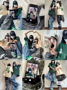 a collage of photos showing people taking pictures with their cell phones and wearing hats