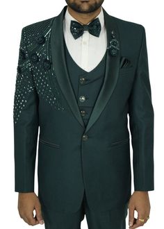 Elevate your style with our exquisite 6-piece wedding green tuxedo suit for men, showcasing a breathtaking shawl lapel and meticulously crafted hand embroidery. This suit is the epitome of elegance and sophistication, designed for those special moments in life where you want to make a remarkable impression. Every element of this tuxedo suit has been carefully considered, from the precisely tailored fit to the intricate hand embroidery that adorns it. The stunning green hue adds a touch of uniqueness to your formal attire, setting you apart from the crowd. Whether you're the groom, a guest, or simply a fashion-conscious individual, this suit is your go-to choice for weddings, galas, and other formal occasions. Its timeless style ensures you'll be the center of attention while exuding confid Tuxedo Suit For Men, Green Shawl, Boys Kurta Design, Green Tuxedo, Mens Wedding Suits, Wedding Tuxedo, Wedding Green, Boys Kurta, Suit For Men