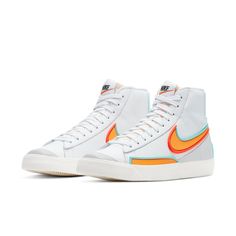 WMNS Blazer Mid '77 ''Infinite Kumquat'' features a white leather base. Kumquat, Aurora Green and Bright Crimson color scheme are used to make contrasts throughout the shoes. Nike Blazer Mid 77 Infinite, Nike Blazers, Nike Blazer Mid 77, Sneaker Lovers, Nike Blazer Mid, Nike Blazers Mid, Cute Nike Shoes, Nike Sneakers Women, Cute Nikes