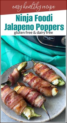 bacon wrapped jalapeno poppers on a plate with the title overlay