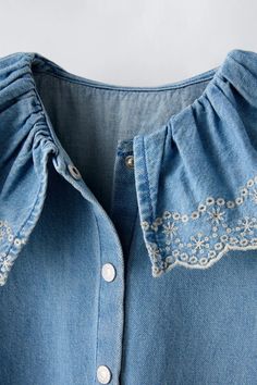 DENIM EMBROIDERED DRESS - Mid-blue | ZARA United States Embroidered Denim Dress, Trench Coat Dress, Bib Collar, Sweater Blazer, Blouse Jeans, Shirt Blouses Tops, Embroidered Denim, Mid Dresses, Knitwear Cardigan