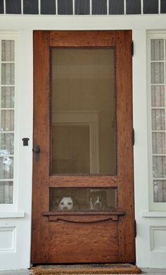 a wooden door with two skulls on the front and side panels, in front of a white house