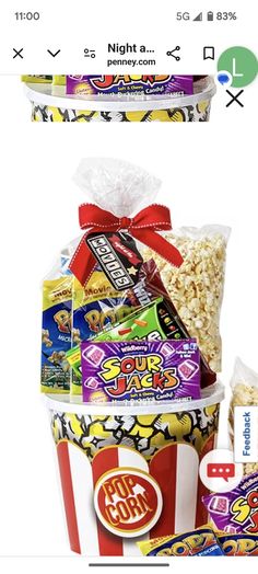 the popcorn bucket is full of snacks and candys for $ 1 99 per person