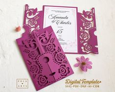 two laser cut wedding cards on top of each other with a pink flower in the middle