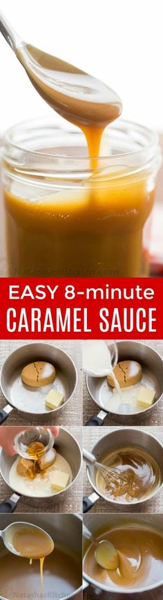 how to make caramel sauce in a glass jar with spoons and pictures below