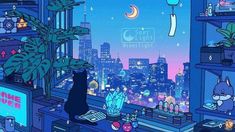 an animated image of a cat sitting in front of a window looking out at the city