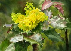 a painting of yellow flowers and green leaves