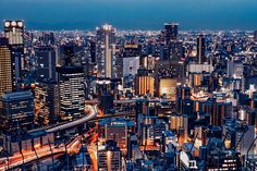 an aerial view of a city at night