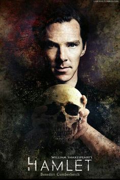 a man holding a skull in his hand with the caption hamlet written on it