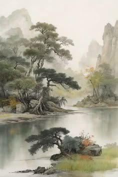 a painting of trees and water with mountains in the background