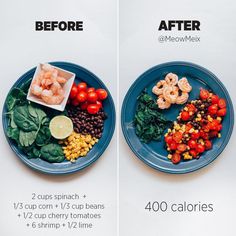 the before and after pictures show how to cook shrimp on a blue plate with vegetables