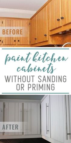 before and after pictures of kitchen cabinets with sanding or priming on the bottom