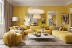 a living room filled with yellow furniture and pillows on top of a wooden coffee table