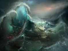 a painting of a ship in the middle of a large wave