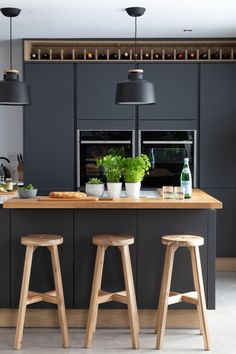 two stools sit in front of an island with potted plants and bottles on it