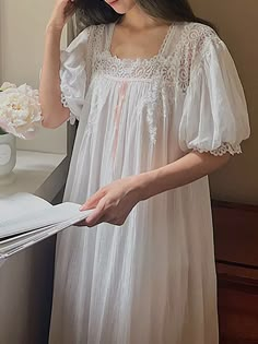 Women French Fairy Nightgowns Vintage Princess Nightdress Lace Mesh Cotton Short Sleeve Loose Biblical Clothing, Beautiful Nightgown, Summer Sleepwear, Linen Fashion, Vintage Princess, Streetwear Tops, Fairy Dress, Nightgowns, Floor Length Dresses