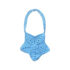 a blue crocheted bag with a star on the front and bottom, hanging from a hook